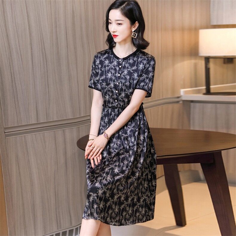 洋气中年妈妈装真丝连衣裙女夏季2024新款端庄大气显瘦桑蚕丝裙子，女装连衣裙，阿舍尔精品