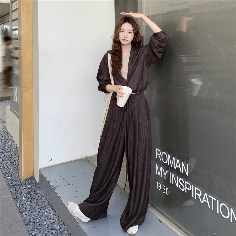 韩版复古显瘦时尚套装女2025春秋季新款气质百搭上衣阔腿裤两件套,女装套装/套裙,2C327