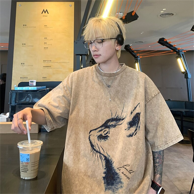 重磅蜡染克美式复古水洗潮牌发泡印花短袖男,男装T恤,电商A028