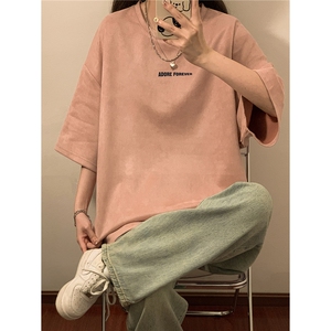 中性2026夏装麂皮绒情侣半袖衫男女装夏季宽松大码短袖T恤S210P28图片