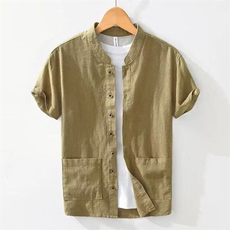简麻品质男装夏纯色苎麻休闲薄款棉麻立领短袖衬衫短袖LS2001P38，男装T恤，星座1013-1