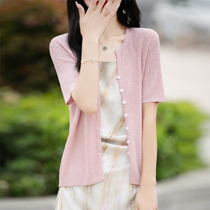 竹节麻针织V领短袖女T恤夏季裙子外搭上衣披肩薄款坑条显瘦外套潮图片