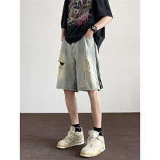 夏季破洞牛仔短裤男美式裤子痞帅宽松休闲五分裤G1056/P40，男装牛仔裤，电商D202-1