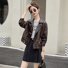 西装领长袖外套短款PU皮夹克2025春秋季新款女小个子时尚百搭上衣，女装皮衣，潮流依族