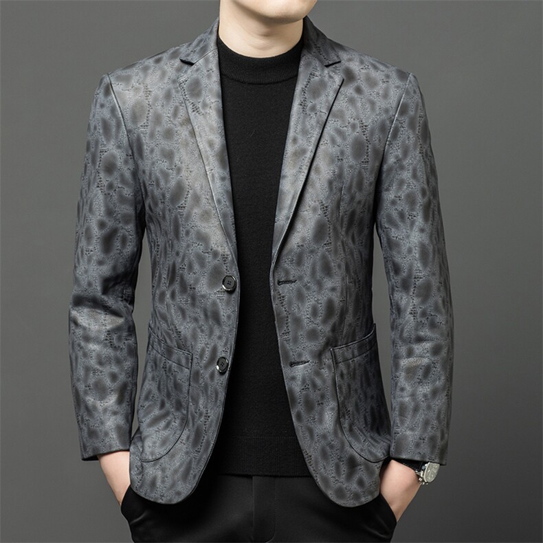 春秋款海宁真皮皮衣男牛皮印花西服商务休闲男装夹克爸爸装，男装夹克，电商B360A（原721A）