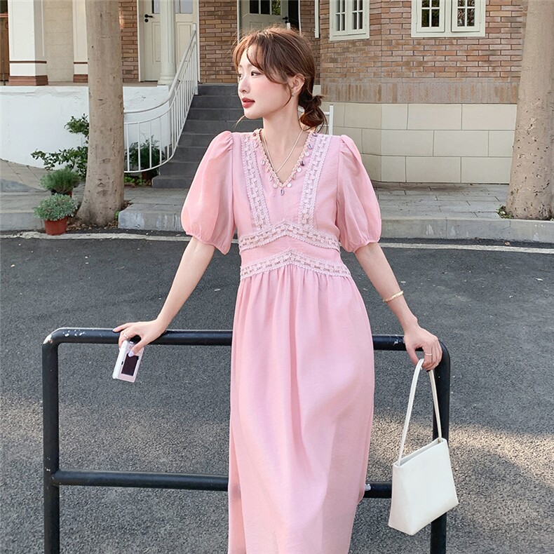 粉色度假风天丝连衣裙女夏季新款法式森系减龄温柔甜美长款仙女裙,女装连衣裙,2C307