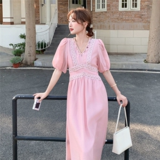 粉色度假风天丝连衣裙女夏季新款法式森系减龄温柔甜美长款仙女裙，女装连衣裙，2C307
