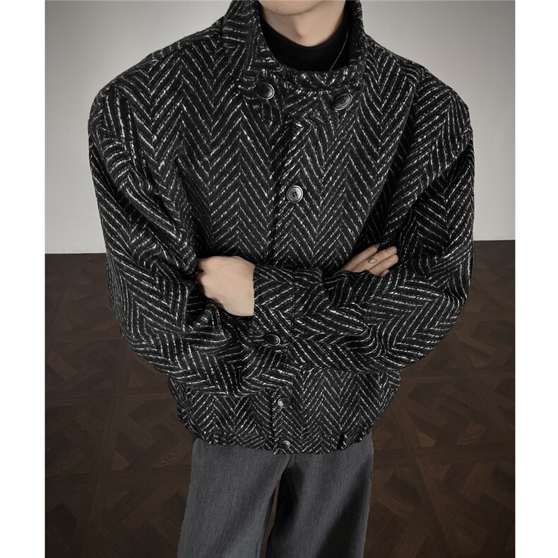 鱼骨条纹呢子内胆加棉加厚棉衣宽松立领棉服A170-N63-P118图片