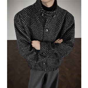 鱼骨条纹呢子内胆加棉加厚棉衣宽松立领棉服A170-N63-P118图片