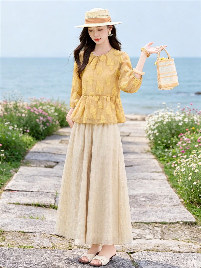 夏新款圆领绣花宽松小衫裙裤优雅气质套装女,女装套装/套裙,水衣源