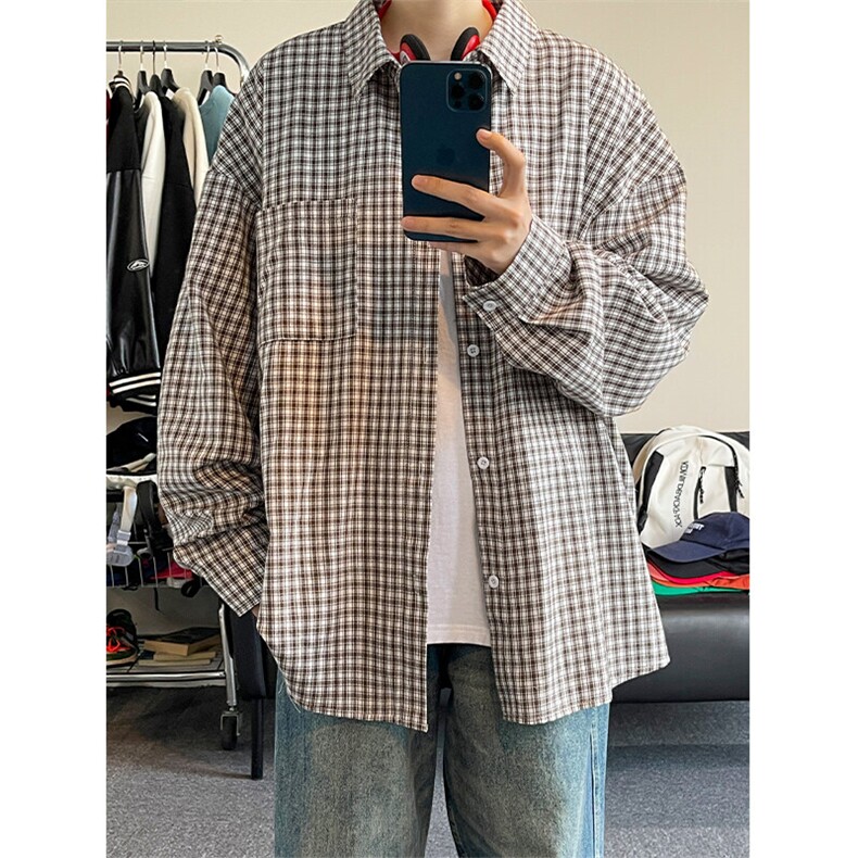 特批P36无差价2025春小格子长袖衬衫男女中性风大码衬衣上衣C5455,男装衬衫,电商A001