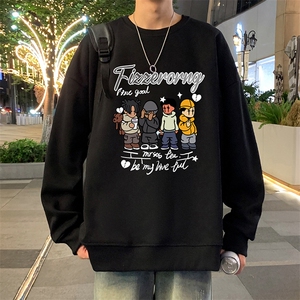 W563卫衣男秋冬新款美式宽松圆领上衣大码男生休闲无帽长袖外套图片