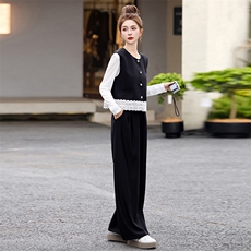 小香风套装女2025开春新款超火韩系西装蕾丝马甲阔腿裤穿搭一整套，女装套装/套裙，美沁