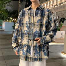 特批P45无差价秋新扎染格子长袖衬衫男美式潮牌翻领衬衣外套C2543，男装衬衫，电商A001