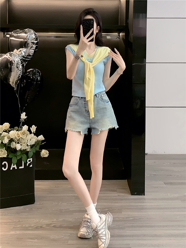 韩系温柔风时尚套装女夏款V领系带披肩假两件上衣牛仔短裤两件套,女装套装/套裙,江南
