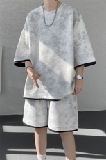 TZ775-特P50控88新款撞色拼接假2件套装短袖短裤T恤大码百搭，男装休闲套装，电商A059