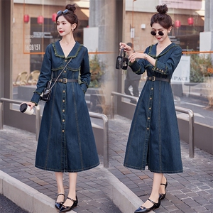 （现货）2026春秋装新款复古色毛边翻领牛仔连衣裙（配腰带），女装连衣裙，印象茜