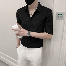 小伙男士夏季七分袖纯色花泡衬衫男日常修身衬衣301A-1/CS352/P55，男装衬衫，星座301A-1