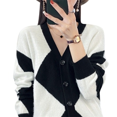 秋冬新款100%纯羊毛衫女V领菱形拼色长袖毛衣外套宽松外搭羊绒衫，女装羊毛衫，秋虹羊绒