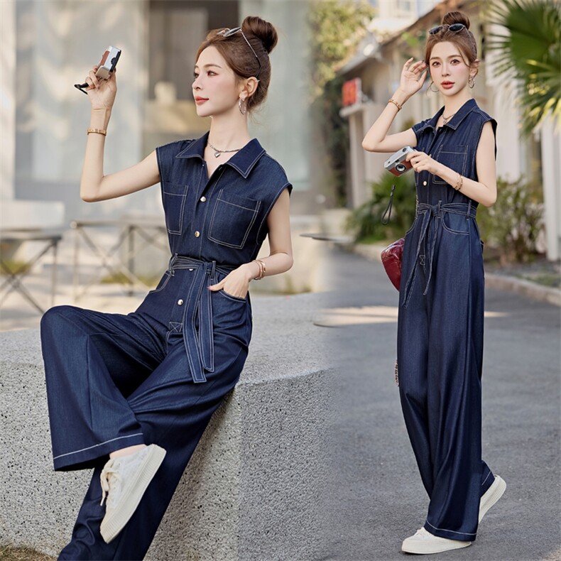 2025夏季新款时尚女洋气减龄牛仔连体裤阔腿裤高级感，女装连体裤，印象茜