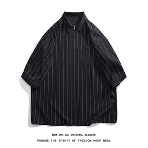 C8080/P35中性风新夏季个性条纹polo衫衬衣男大码宽松衬衫上衣男图片