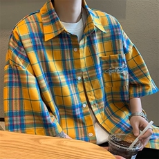衬衫男韩版潮流短袖格子痞子帅黄色2023夏季ins宽松外套CY374-P38，男装衬衫，星座412-3