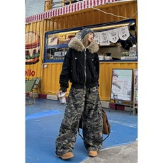 现货重磅boxy短款棉衣座山雕大毛毛领男女棉服水洗工装厚外套，男装棉衣，电商A486-1