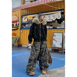 现货重磅boxy短款棉衣座山雕大毛毛领男女棉服水洗工装厚外套图片