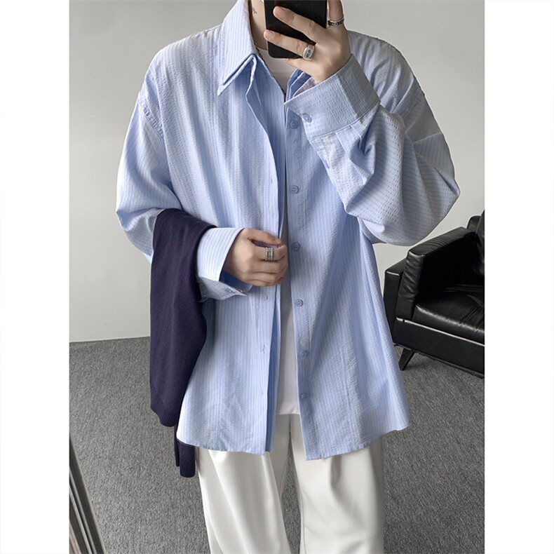 送针织披肩蓝条纹长袖衬衫男设计感小众宽松廓形衬衣CS536P75,男装衬衫,电商D206-1