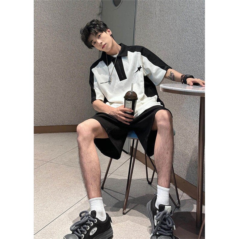现货夏季学院风polo衫宽松休闲刺绣潮感半拉链短袖T恤PLY299-P30,男装Polo衫,星座1008