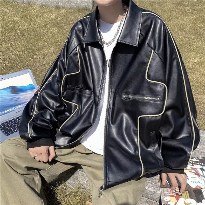 A99-P55美式复古痞帅皮衣夹克男春秋韩版宽松小众原宿港风，男装皮衣，电商B323A