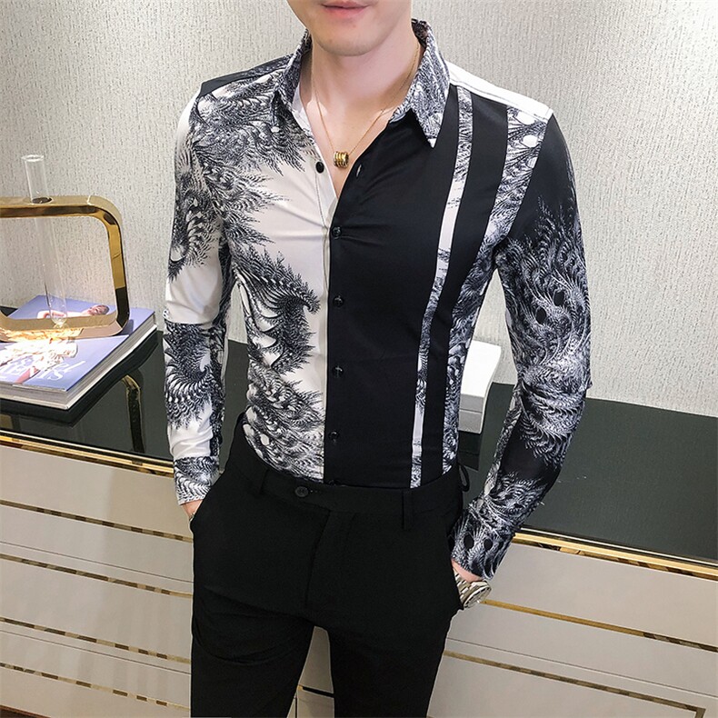 2021春秋男衬衫英伦长袖上衣印花男装韩版修身四季潮流衬衣H840-P55图片