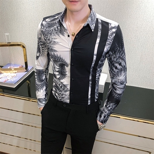 2021春秋男衬衫英伦长袖上衣印花男装韩版修身四季潮流衬衣H840-P55图片