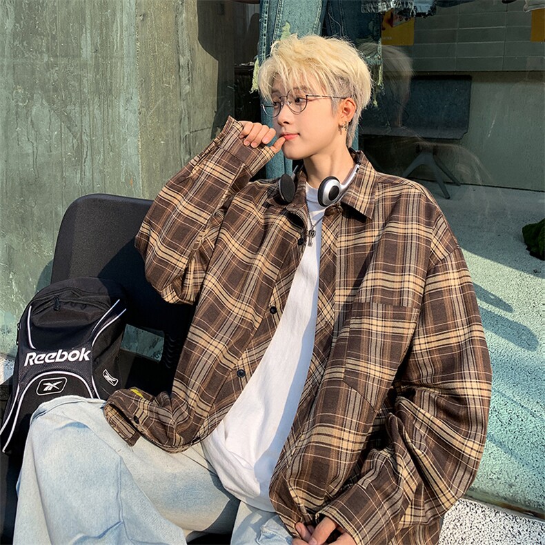 港风大码美式复古贴袋格子翻领长袖衬衫男XZ213-CS8805-P55控68,男装衬衫,星座213