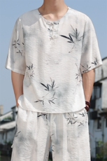 2025夏季男装禅服上衣风冰丝印花盘扣唐装短袖T恤C103-P45，男装T恤，电商B277(原6028)