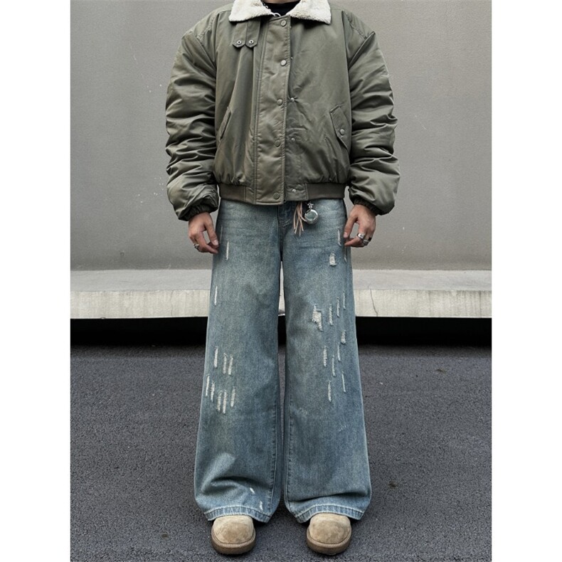 美式复古做旧破坏牛仔裤男女cleanfit宽松直筒百搭垂感微喇裤子,男装牛仔裤,星座506A
