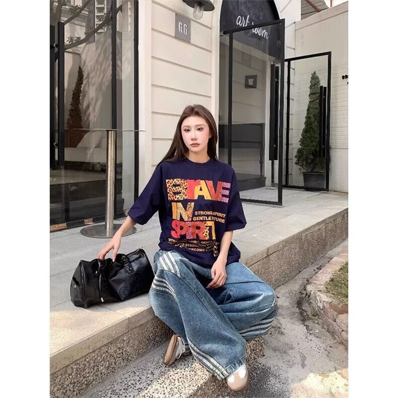 大码美式设计侧条纹阔腿牛仔裤女夏季2025宽松显瘦高腰拖地直筒裤,男装牛仔裤,星座506A