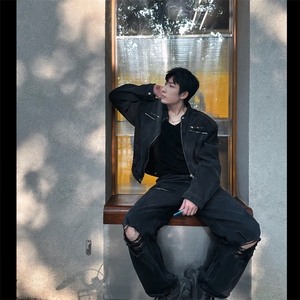 小众美式复古做旧水洗短款牛仔外套男秋设计感垫肩夹克JK112-P90图片