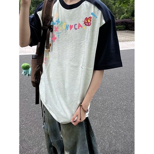 抖音得物高品质二开240克宽松纯棉美式潮牌插肩袖拼接短袖T恤图片