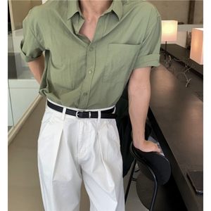 夏季上衣韩系宽松纯色短袖衬衫 男潮流半袖衬衣7004P45图片