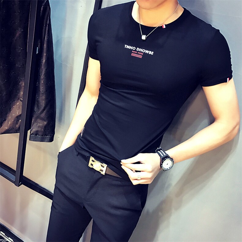 7008-p35短袖T恤男 夏季简约英文印花修身圆领潮流半袖男青年上衣图片