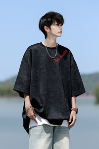8XL-M 高级感复古扎染短袖男波浪纹半截袖美式刺绣T恤DX345图片