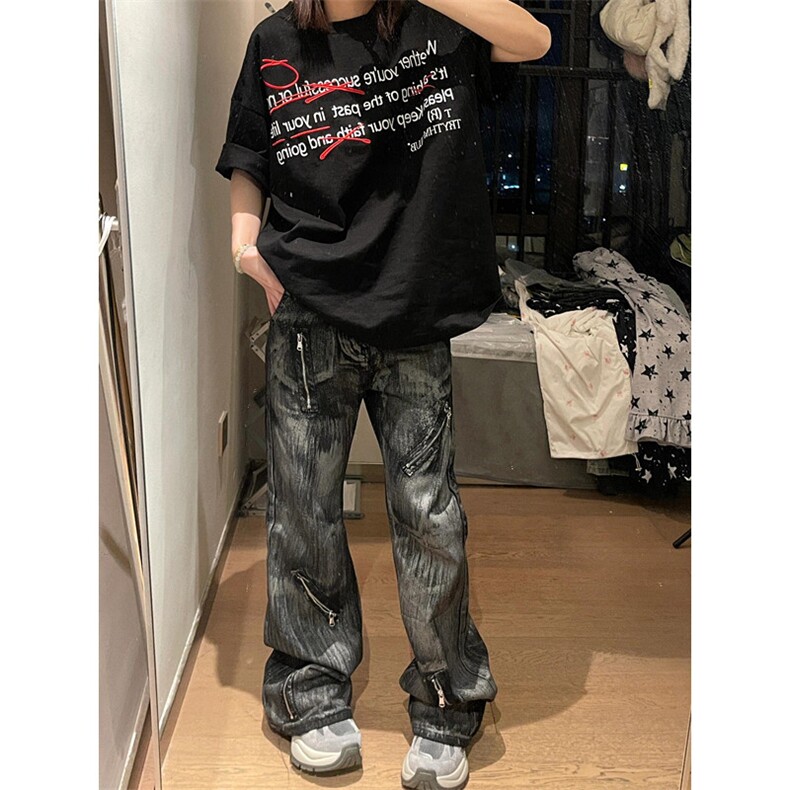 潮重磅水洗拉链复古直筒微喇扎染牛仔裤显瘦N0078,男装牛仔裤,星座1116A（原606A-3）