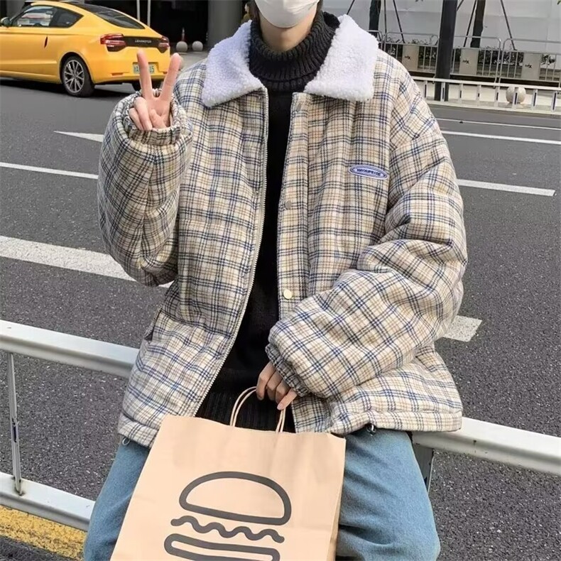 复古格子羊羔绒棉服男冬季ins潮牌宽松休闲加厚棉衣DM03P85,男装棉衣,星座1116-2
