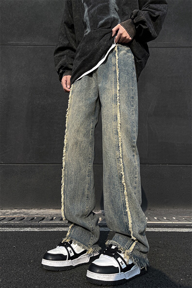 美式ins高街hiphop重工艺水洗毛边牛仔裤货号K712P65,男装牛仔裤,电商A063
