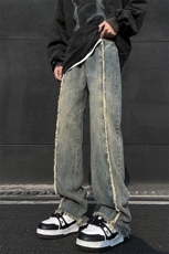 美式ins高街hiphop重工艺水洗毛边牛仔裤货号K712P65，男装牛仔裤，电商A063