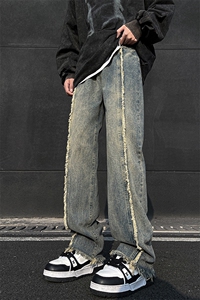 美式ins高街hiphop重工艺水洗毛边牛仔裤货号K712P65图片
