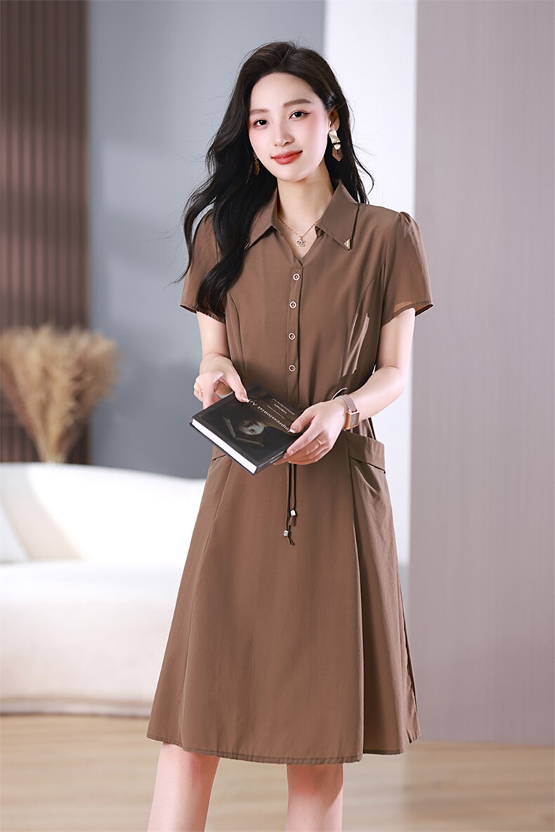 2024夏季新款纯色衬衫领连衣裙显瘦修身气质淑女风短袖长裙,女装连衣裙,梦芯尔