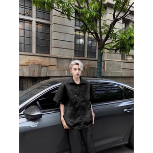 美式设计高级感衬衫男士短袖夏季款潮牌痞帅青少年生休闲衬衣外套图片