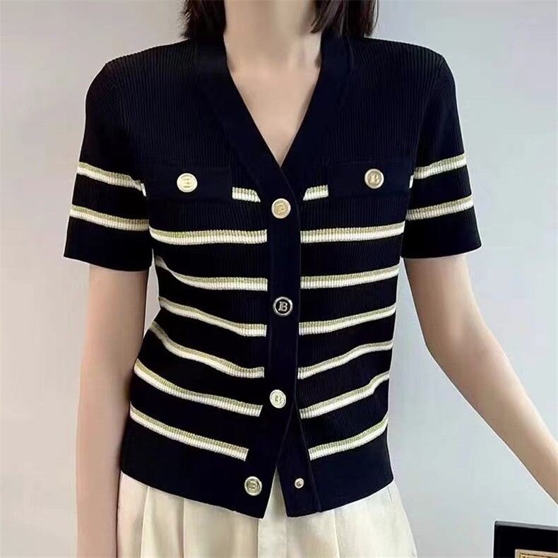 夏季新款小香风条纹针织天丝开衫短袖女设计感时尚洋气V领T恤上衣，女装针织衫/毛衣，天佑贝依